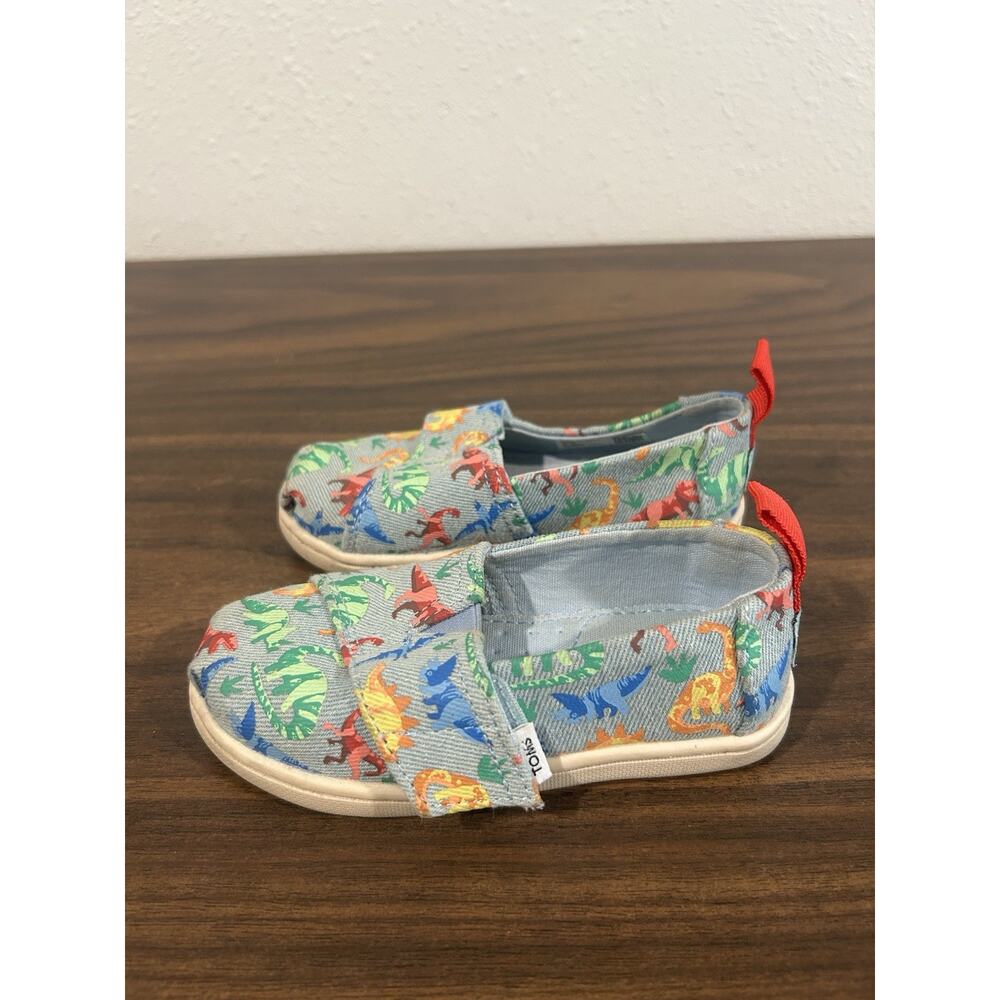TOMS Alpargata Blue Denim Dino Slip‎ On Toddler Size 7 Shoes Dinosaur Sneakers - Picture 7 of 12